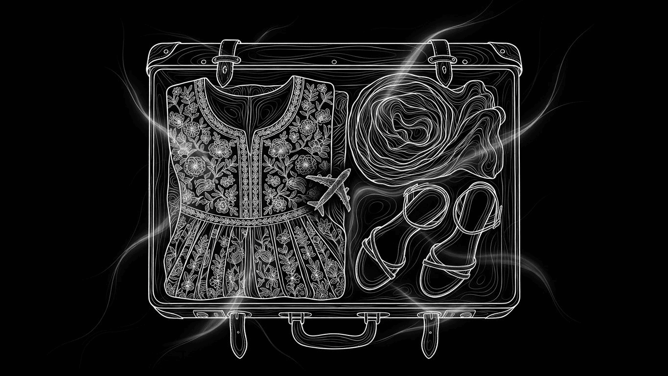 An open suitcase containing a floral anarkali dress, rolled fabric, sandals, and a small airplane charm.