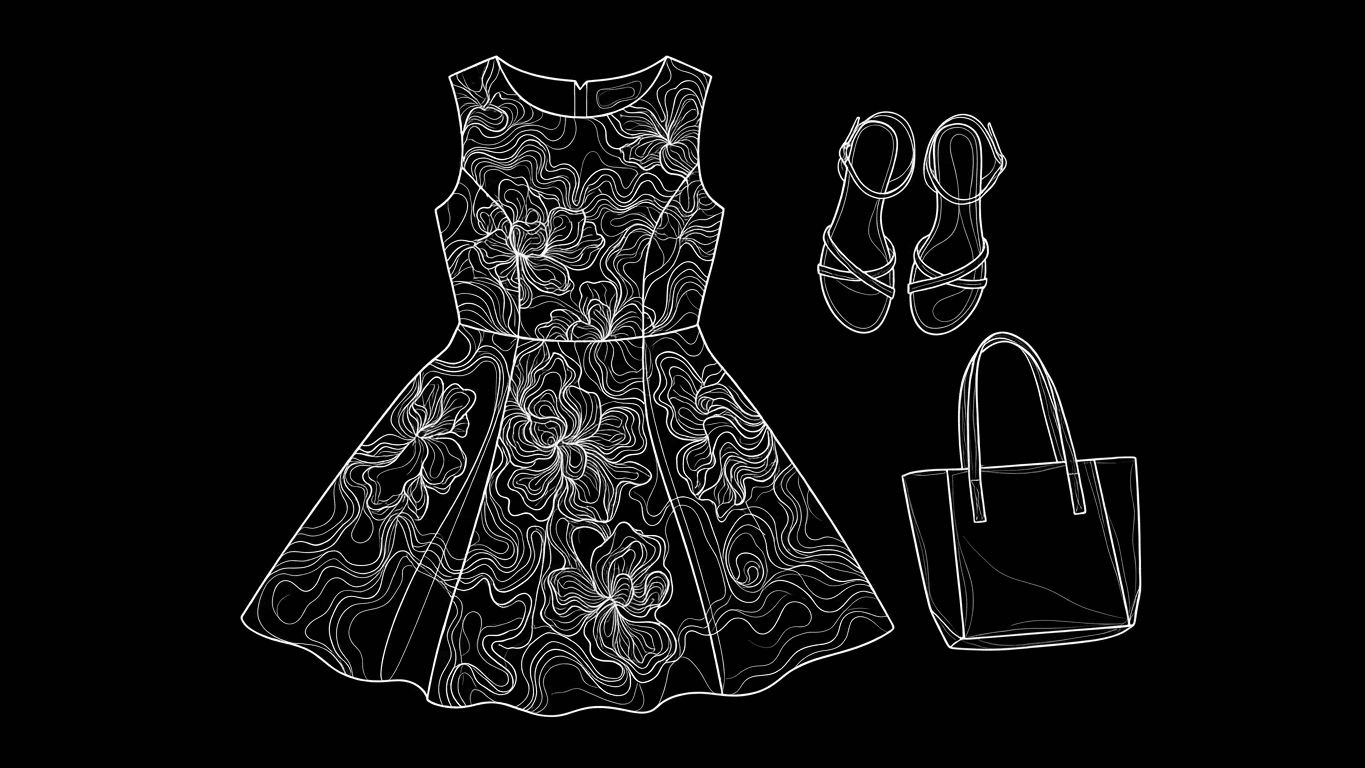 A flat lay of a floral dress, sandals, and a tote bag, showcasing a casual daytime outfit.