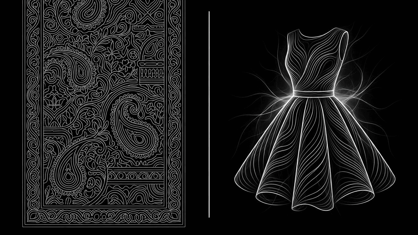 Comparison of traditional Indian block prints and a modern fit-and-flare dress silhouette.