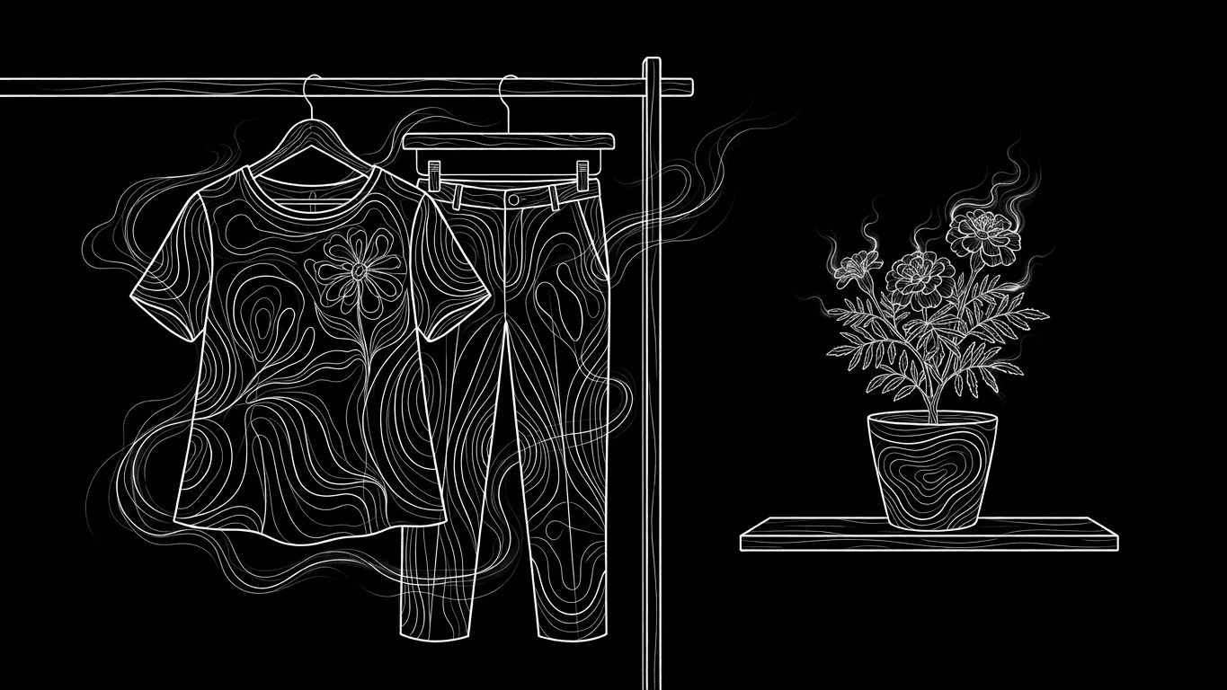 A floral print A-line co-ord set hanging on a wooden rack next to a potted flower.