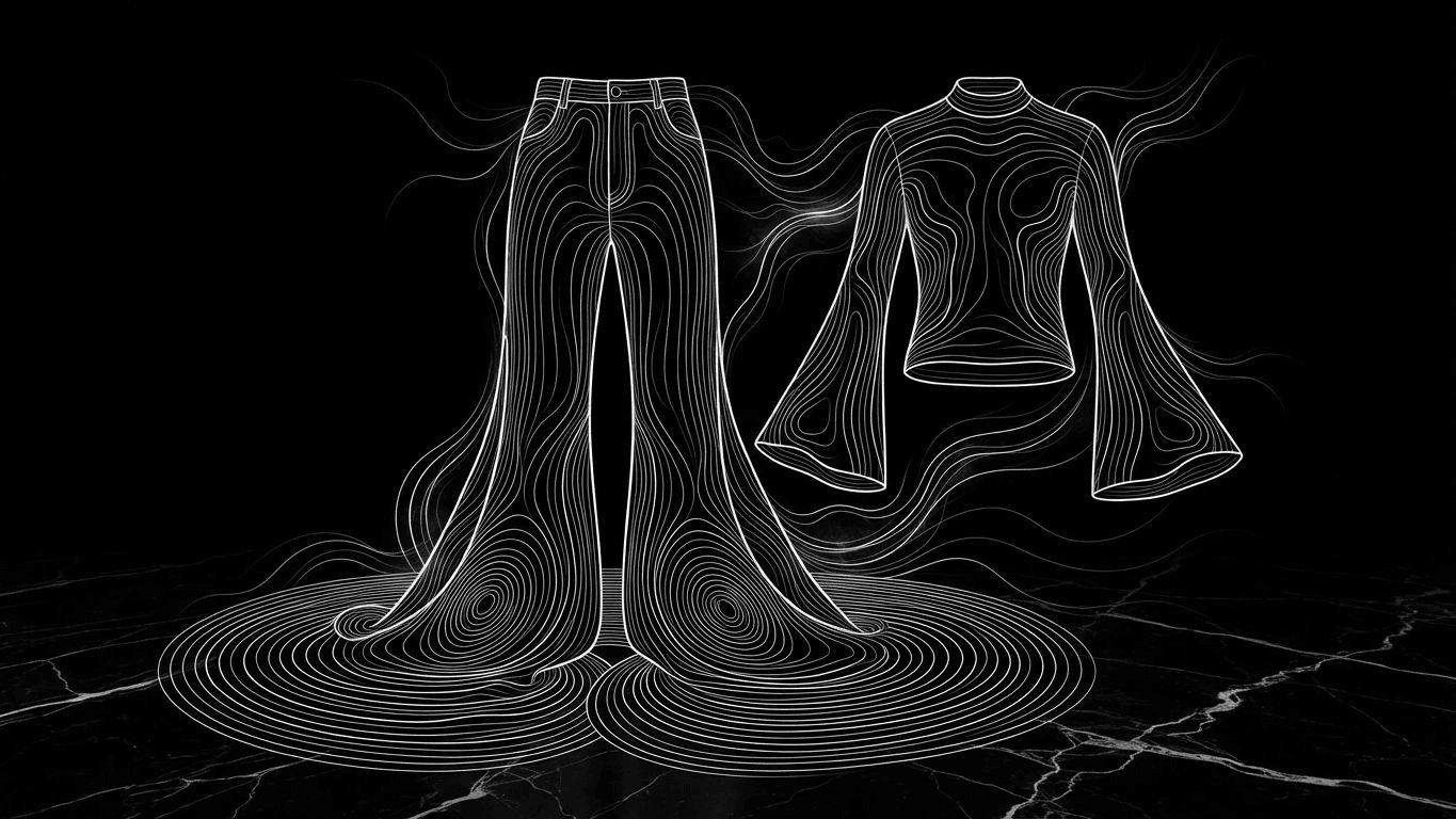 Minimalist line art of wide-flared Farshi trousers and a matching kurta pooling on the ground.