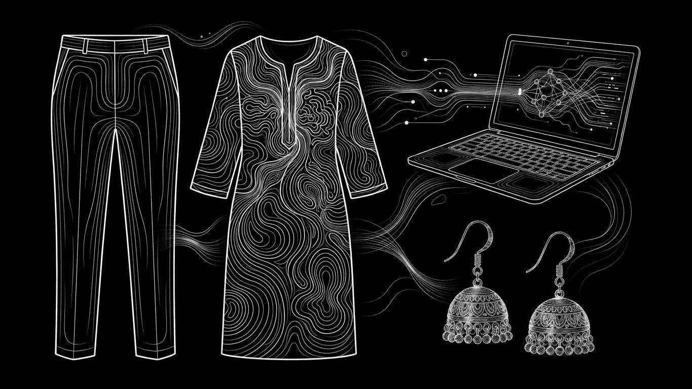 Ethnic kurta and trouser set arranged with a modern laptop and traditional Indian earrings.