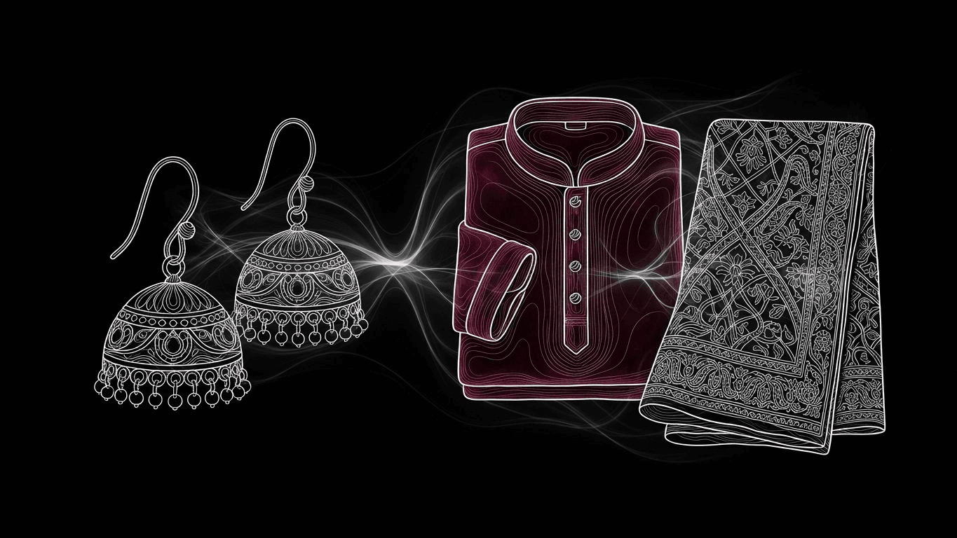 Wine-colored velvet kurta and gold earrings arranged for the festive season.
