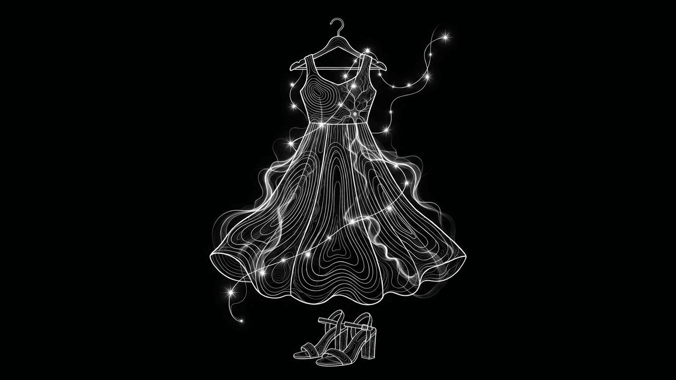Festive anarkali dress on a hanger with fairy lights and modern block heels.
