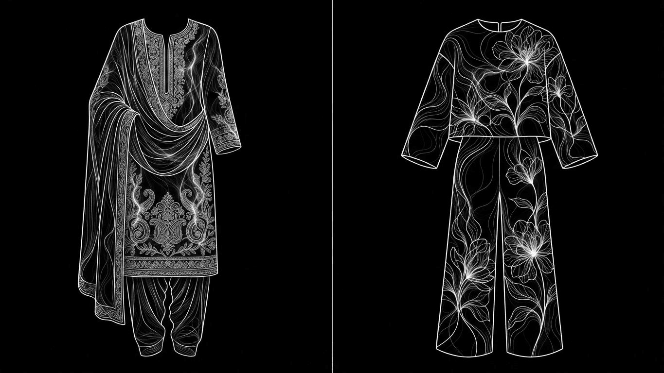 A side-by-side comparison of a traditional embroidered kurta set and a modern floral printed co-ord set.