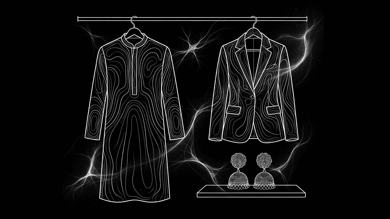 A professional kurta and blazer hanging on a rack with traditional Indian earrings.