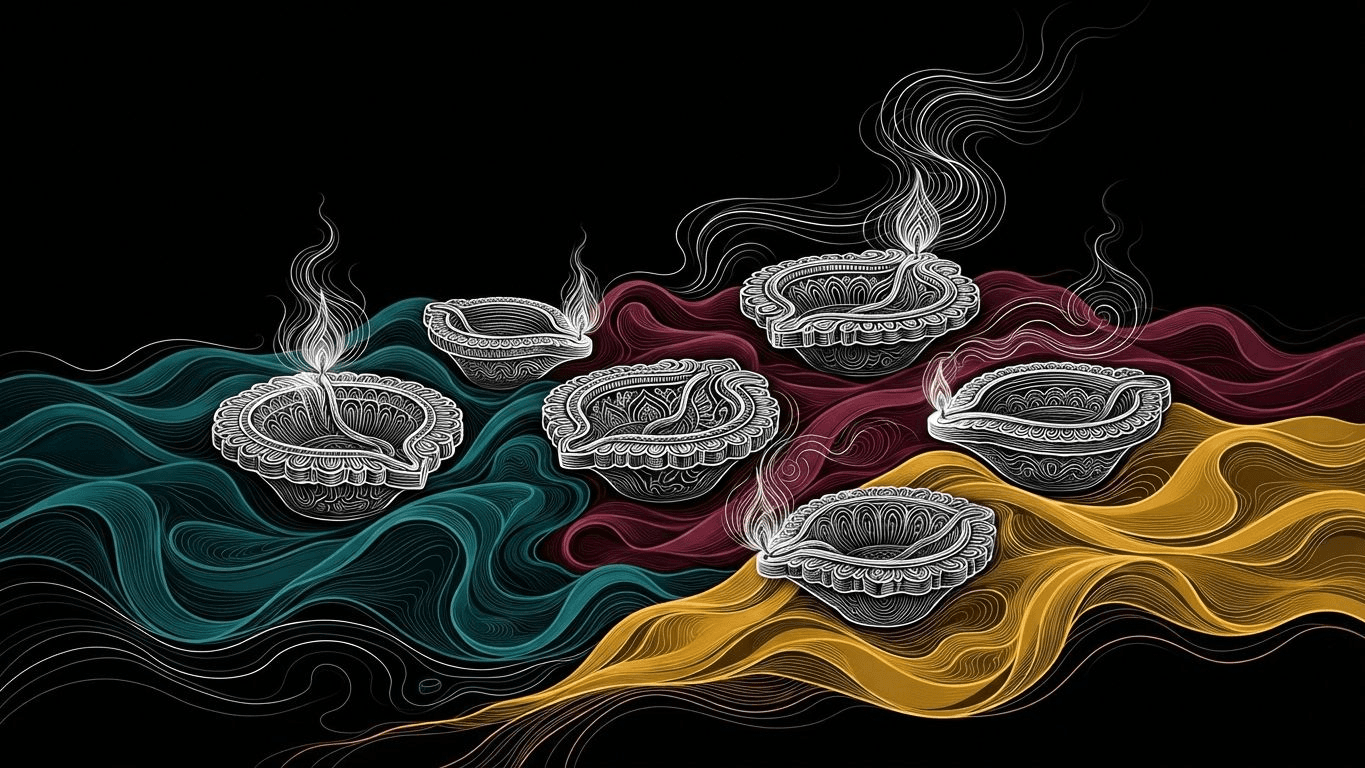 Indian diyas placed on silk fabrics in wine, teal, and mustard yellow tones.