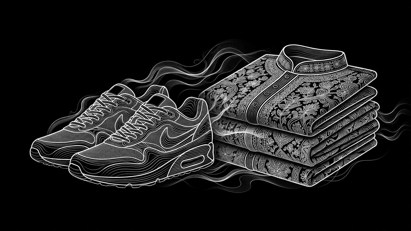 Contemporary sneakers next to traditional embroidered kurtas