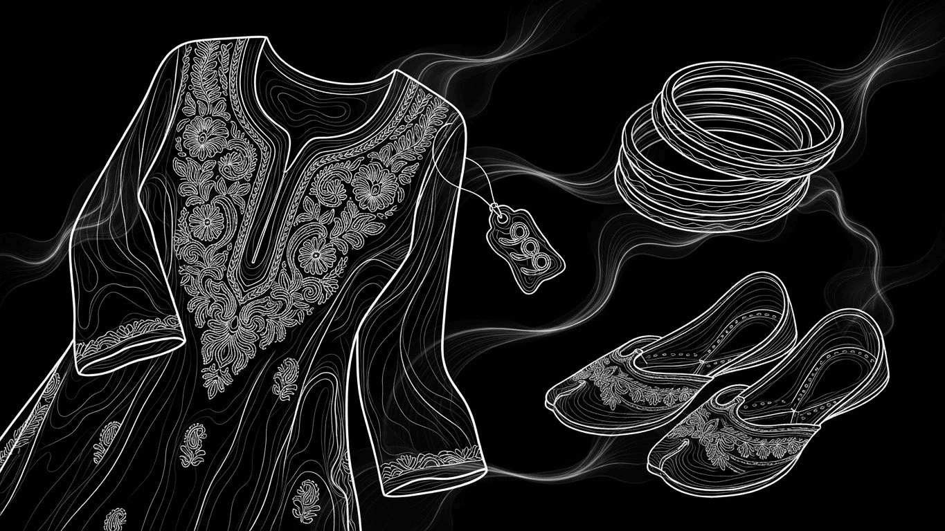 A Chikankari kurta with bangles and mojaris, emphasizing affordable festive Indian style.