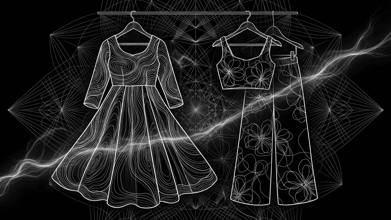 Festive Anarkali and co-ord set hanging against a geometric pattern.