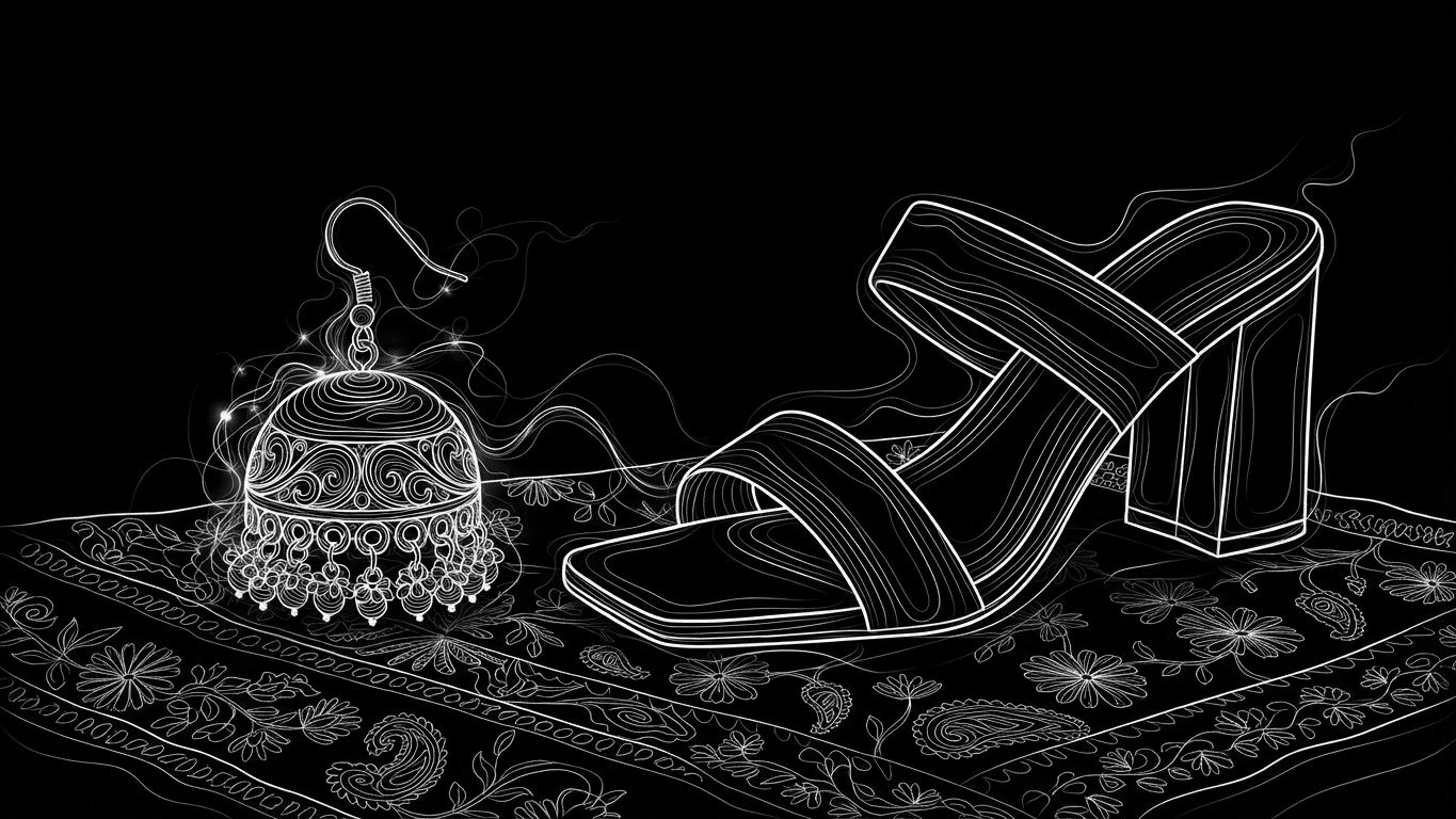 Close-up of a traditional jhumka earring and a modern block heel shoe on embroidered fabric.
