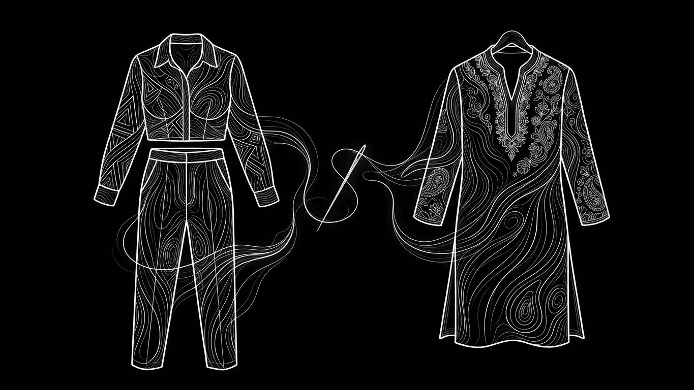 Illustration of a modern co-ord set and a traditional kurta being sewn together with intricate ethnic patterns.
