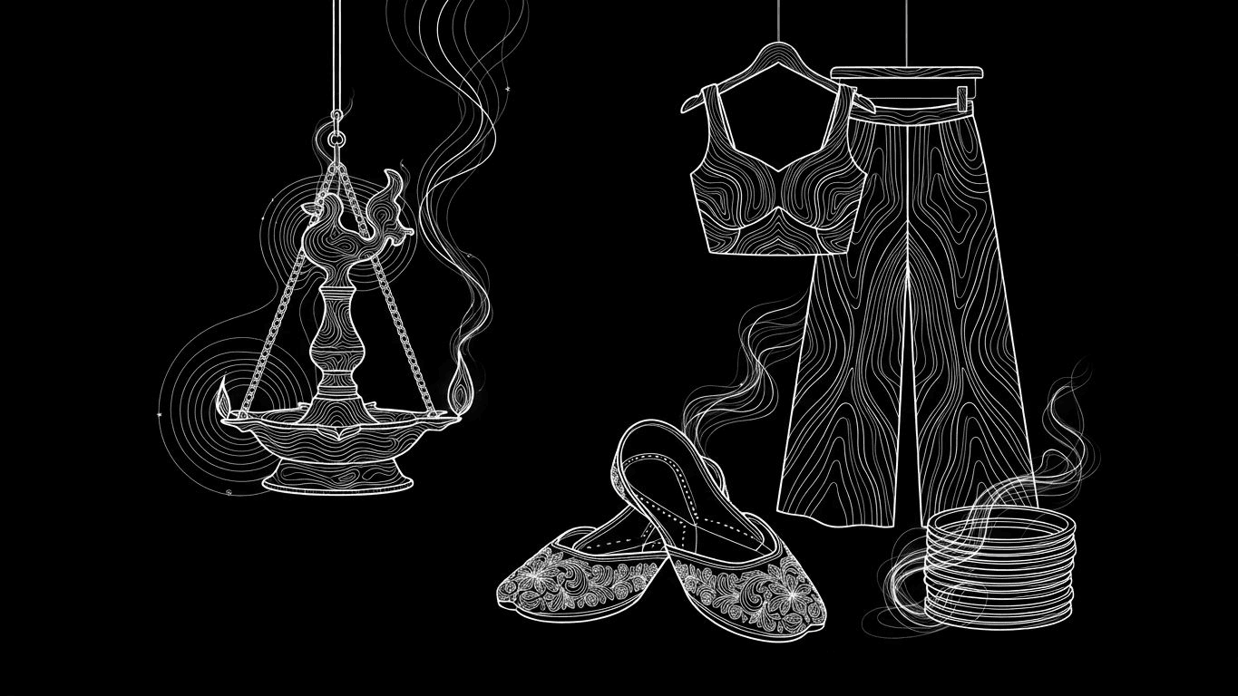Festive Diwali scene with a traditional lamp, patterned fusion clothing, and ethnic footwear.
