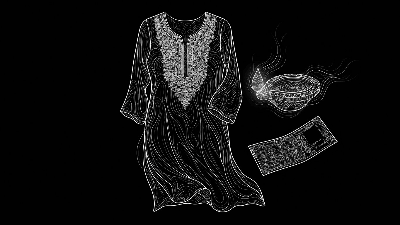 An embroidered georgette kurta hanging next to a festive clay lamp and a currency note.