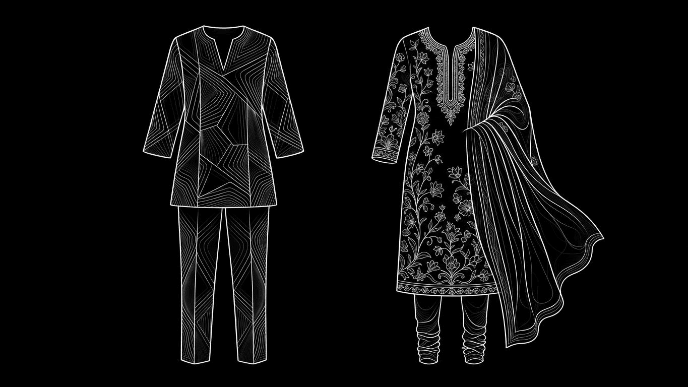 A visual comparison between a contemporary two-piece co-ord set and a traditional three-piece kurta set.