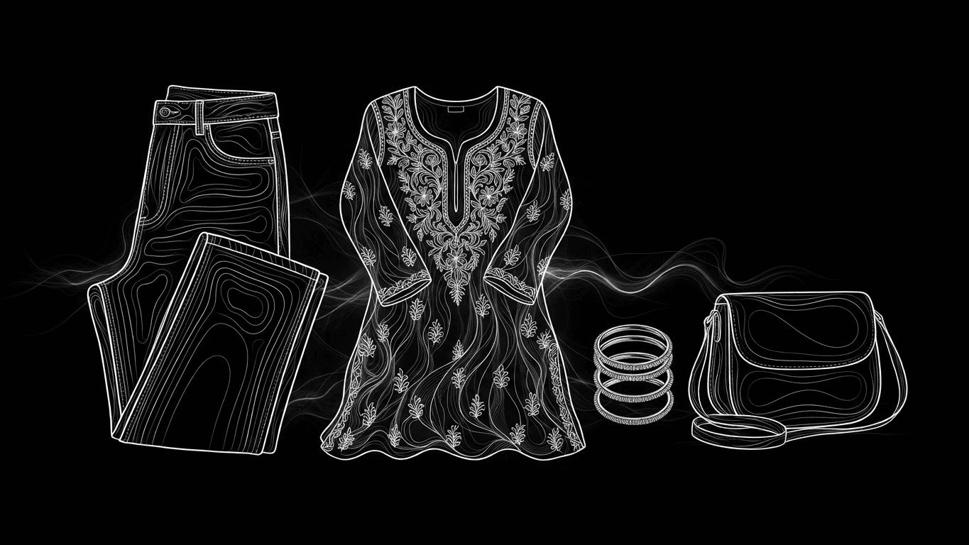 A modern Indian festive outfit layout featuring an embroidered kurta, wide-leg jeans, and minimal gold accessories.