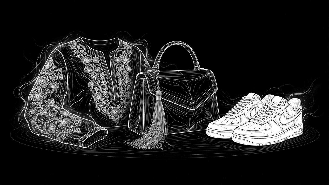 A traditional embroidered kurta sleeve next to a modern handbag and white sneakers.