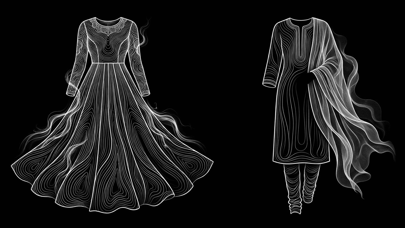A single-piece anarkali dress next to a three-piece kurta set with trousers and a dupatta.