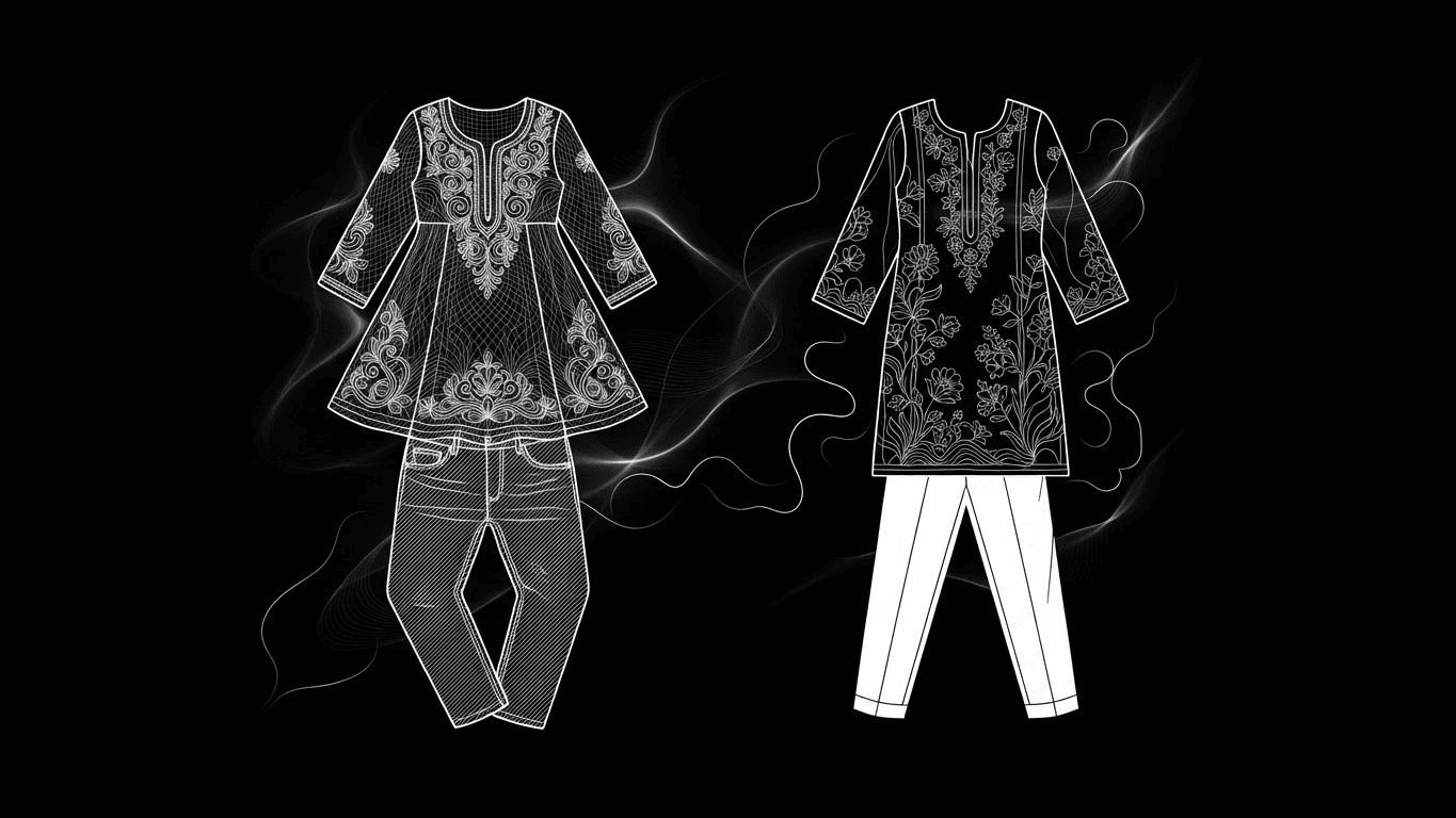 Comparison of a short festive kurta with jeans and a straight-cut kurta with tailored trousers.