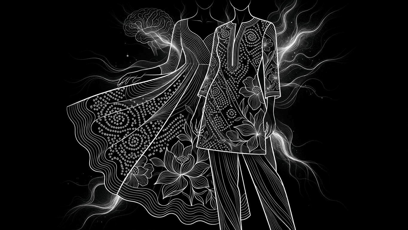 Line art of a printed Anarkali dress and a modern co-ord set showing different textile patterns.