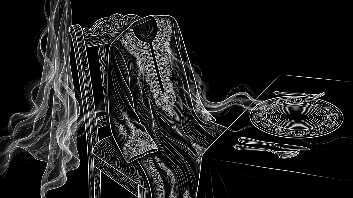 A velvet kurta with embroidery draped next to a festive dinner table setting with a printed silk dupatta.