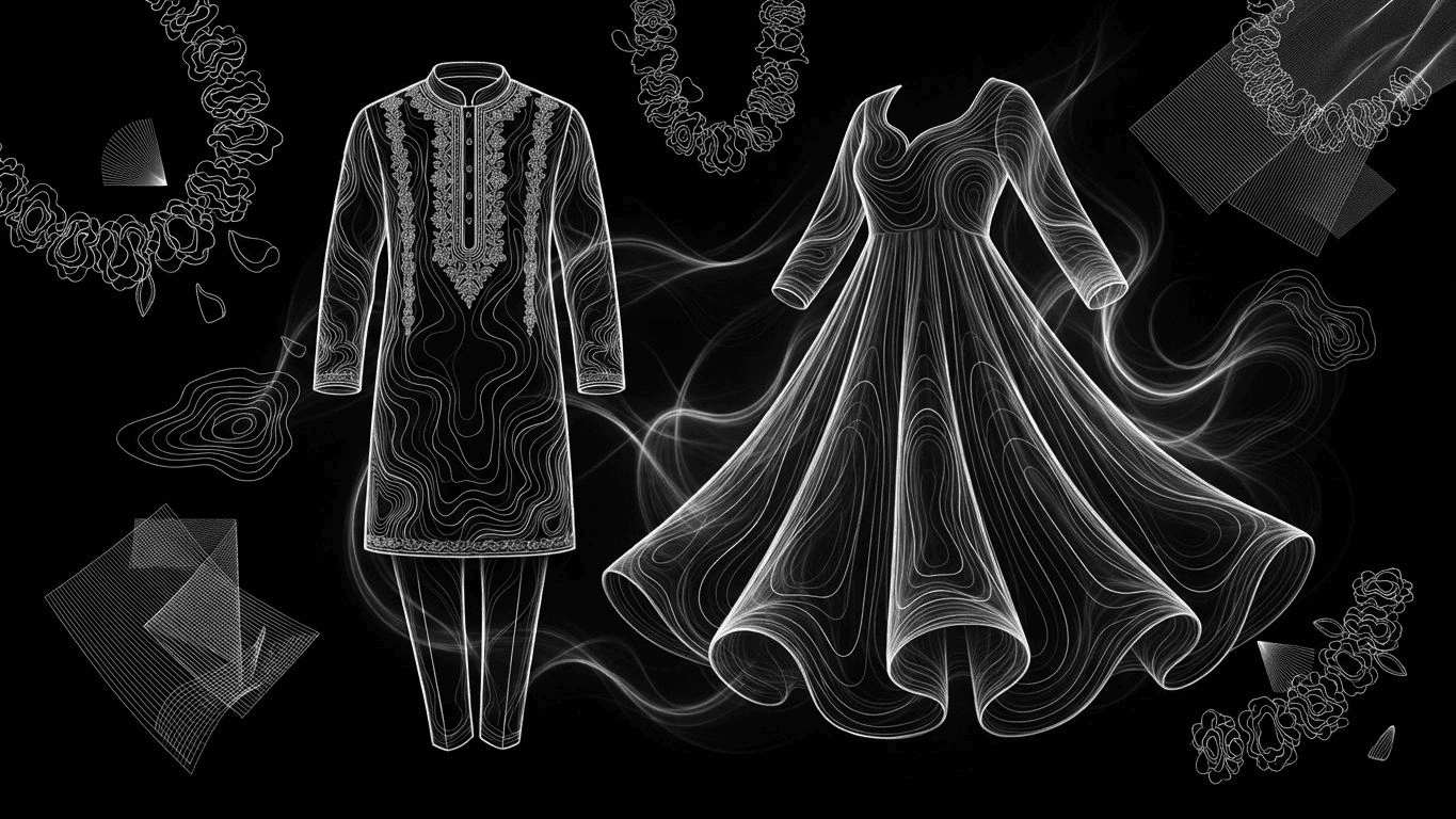 Side-by-side comparison of a straight-cut embroidered kurta set and a voluminous flared Anarkali dress.