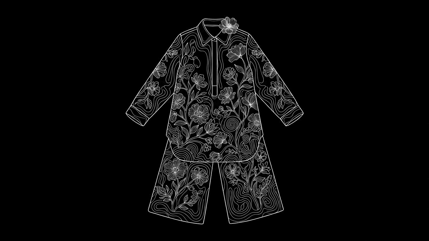 Flat lay of a matching floral ethnic tunic and wide-leg trousers.