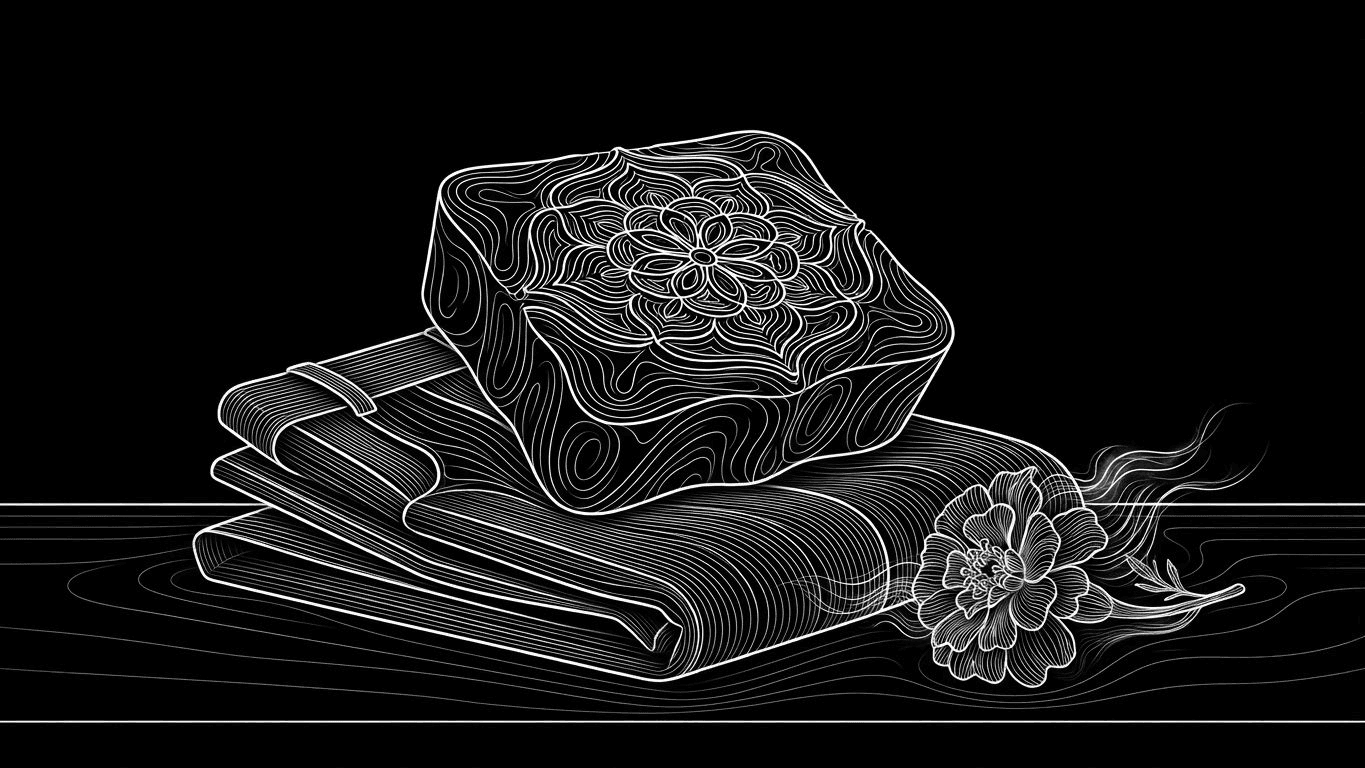 A traditional wooden block print stamp resting on modern folded trousers with a single marigold flower.